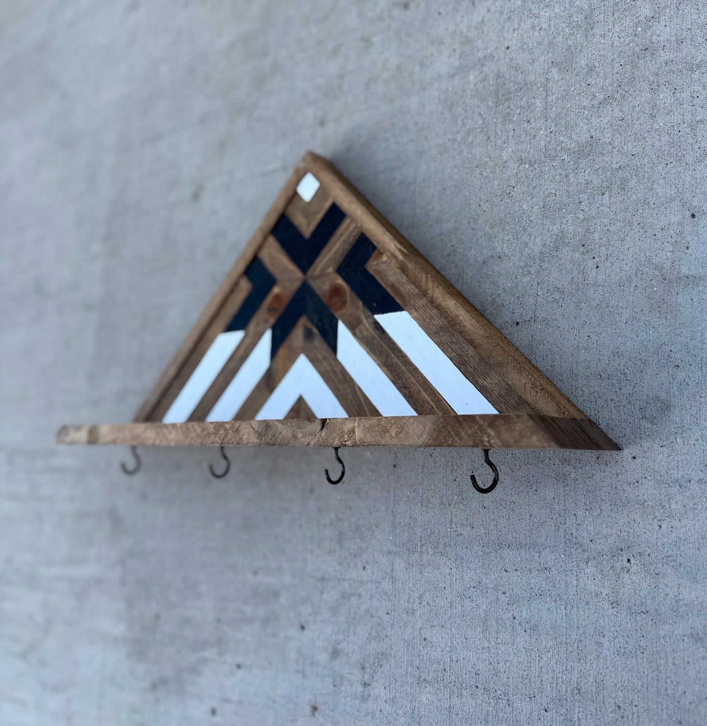 Geometric Wooden Key Holder with Shelf, Rustic Entryway Organizer with Hooks, Wall Mounted Key Rack , Kitchen Storage, Glasses Holder