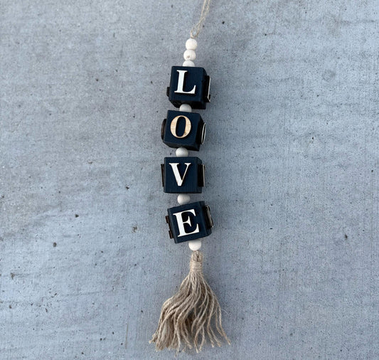 Handmade Valentine Gift/Romantic Wall Hanging/Rustic Home Accessories/Love Word Sign/Farmhouse Bead Garland/Love Themed Home Decor